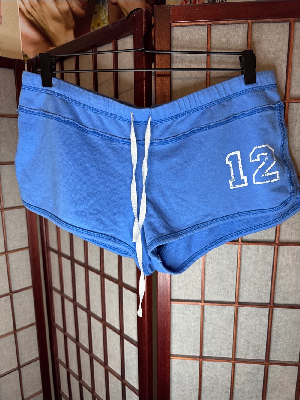 Vintage Y2K Blue Women's Lounge Shorts with Drawstring and '12' Detail